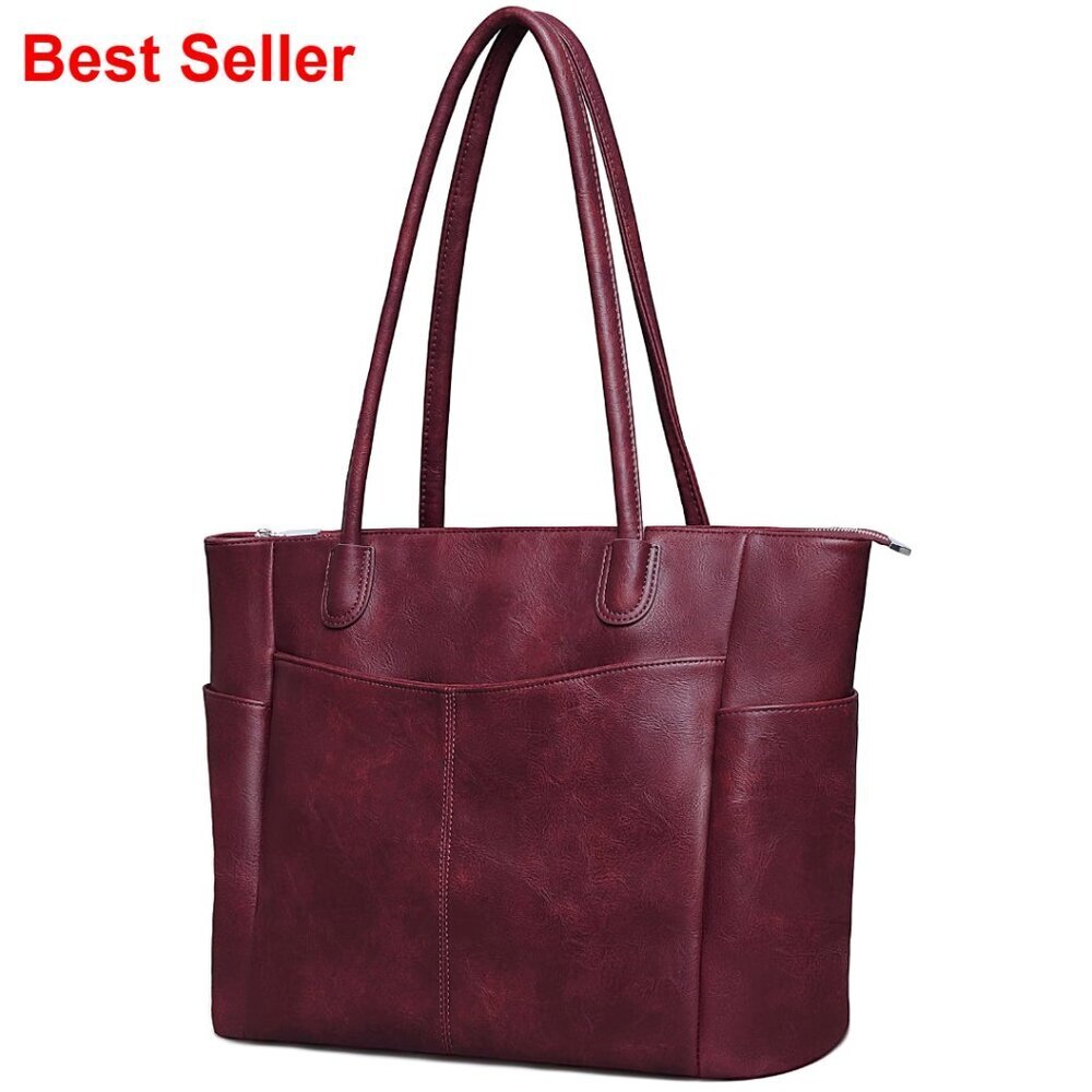 Large Vegan Leather Tote Bag with Zipper 23L Capacity Work Purse